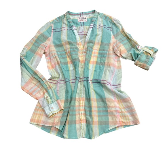 HOLDING HORSES  Size 2 Multicolor Plaid Button Down Shirt V Neck Long Sleeve - Picture 2 of 12